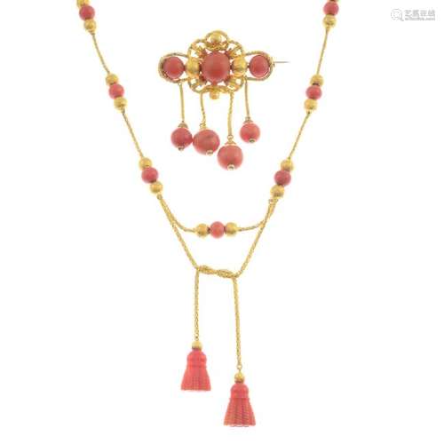 A mid 19th century 18ct gold coral suite. The necklace