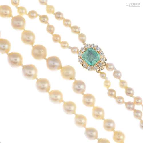 A cultured pearl two-row necklace. The graduated