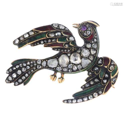 A 19th century 15ct gold diamond and enamel bird