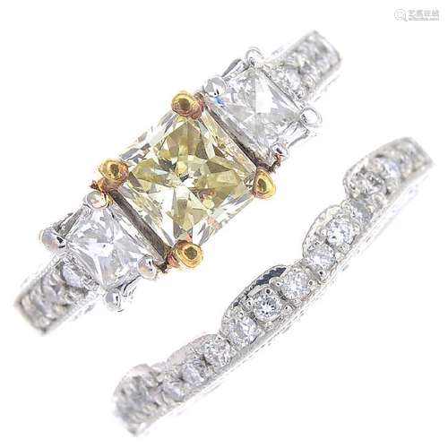 A Fancy Light Yellow diamond ring and fitted ring. To