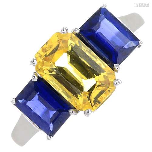 A sapphire three-stone ring. The rectangular-shape