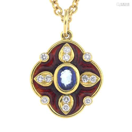 An 18ct gold sapphire, diamond and enamel pendant. The