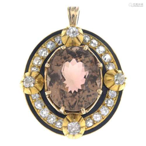 A tourmaline, diamond and enamel pendant. The