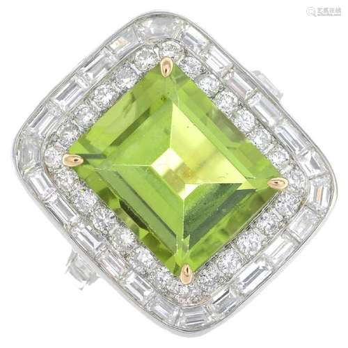 A peridot and diamond cluster ring. The