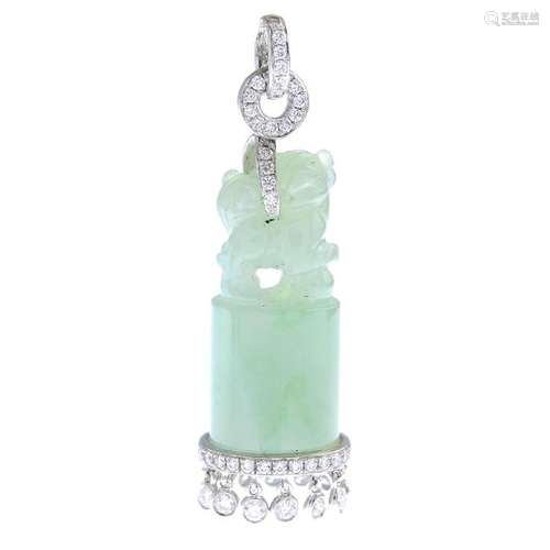 A jadeite and diamond pendant. The jade seal, carved to