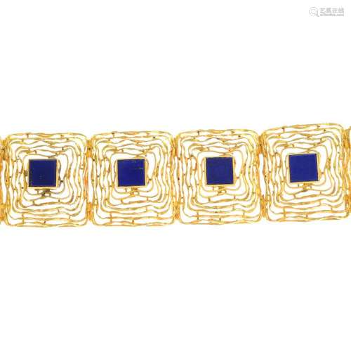 A late 20th century 14ct gold lapis lazuli bracelet.