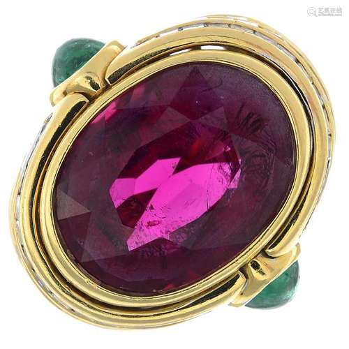 A tourmaline, emerald and diamond dress ring. The