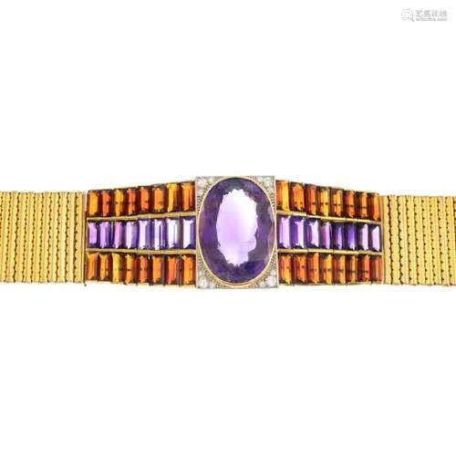 A mid 20th century 18ct gold amethyst, diamond and