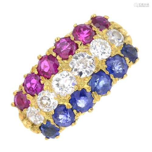 A diamond, sapphire and ruby ring. The slightly