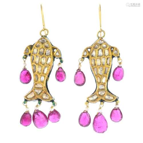 A pair of Indian Jaipur enamel, diamond and tourmaline