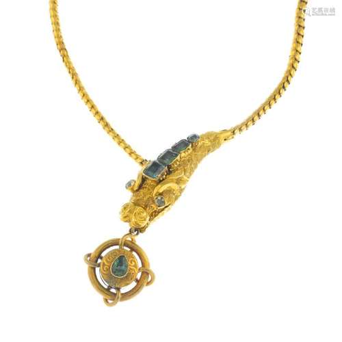 A mid Victorian 18ct gold emerald snake necklace. The