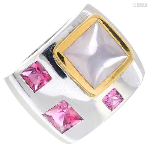 An 18ct gold rose quartz and tourmaline ring. Of