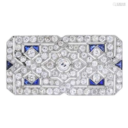 A diamond and sapphire brooch. Of rectangular outline,