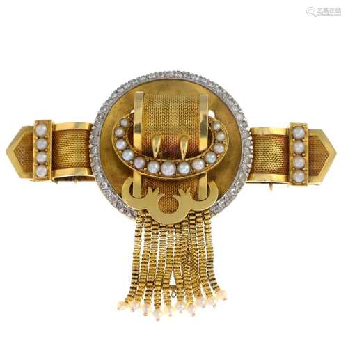 A late Victorian gold, split pearl and diamond brooch.