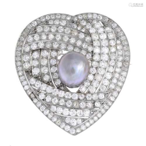 A mid 20th century platinum, natural pearl and diamond