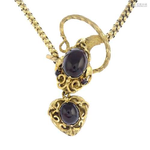 A mid Victorian 18ct gold garnet snake necklace. The