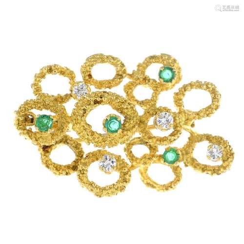 A 1970s 18ct gold emerald and diamond pendant. The