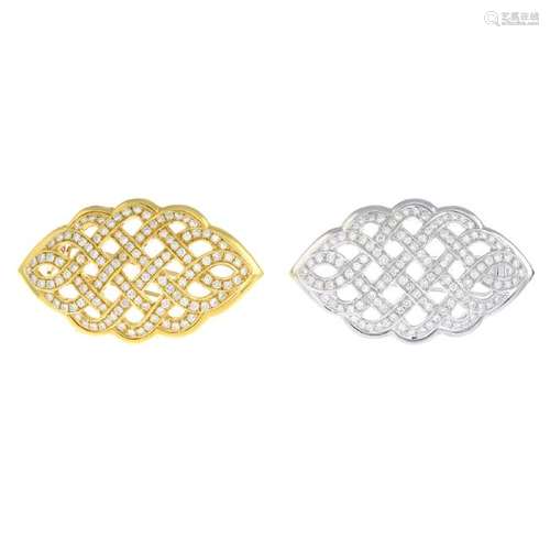 A pair of diamond brooches. Of bi-colour design, each