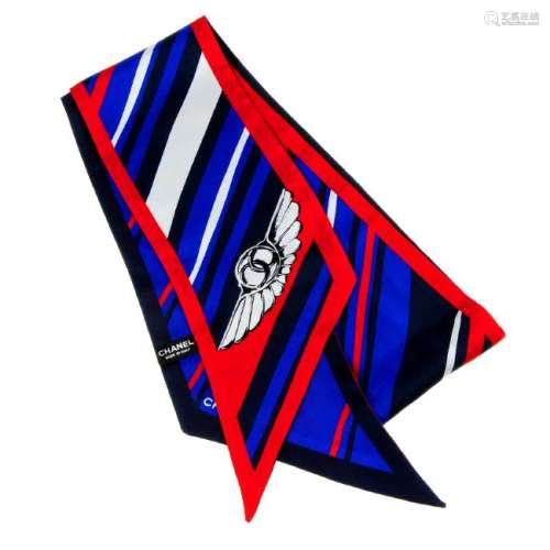 CHANEL - a silk twilly scarf. A blue double sided scarf