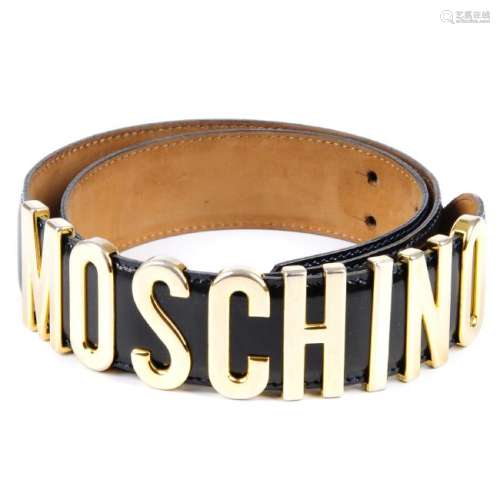 MOSCHINO - a logo belt. The smooth black leather belt