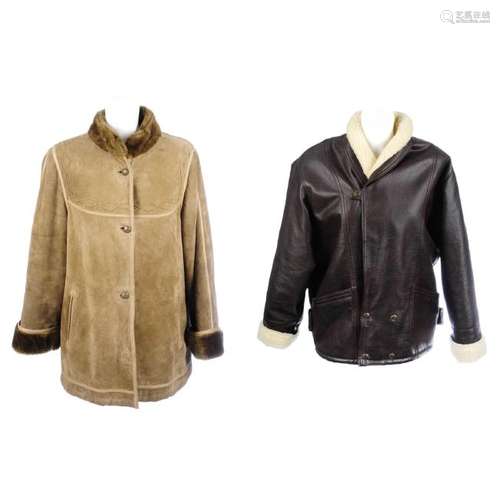 An aviator sheepskin jacket and an olive shearling