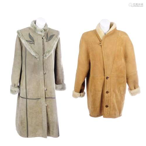 Two shearling coats. To include a beige example and a