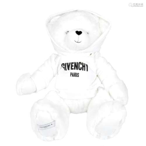 GIVENCHY - a white Logo Teddy Bear. Wearing a hoodie