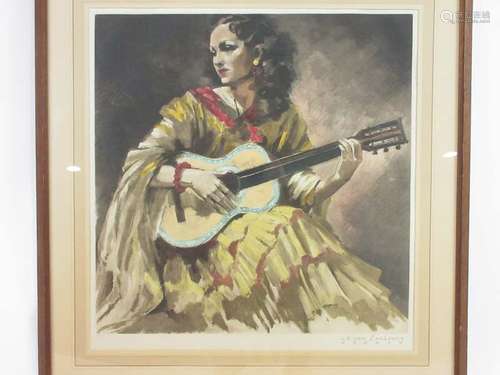 After Jean-Dominique Van Caulaert (1879-1979), The musician, limited edition coloured reproduction,