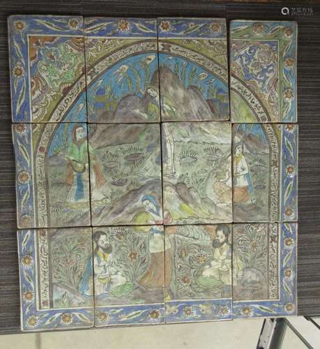 A set of twelve Islamic tiles depicting figures at leisure within an arched text surround and