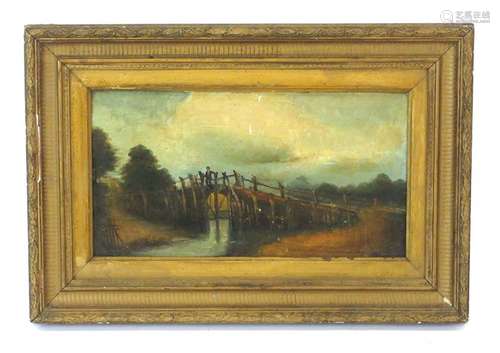 19th Century School, A man crossing a bridge, oil on board,