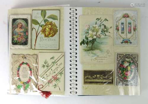 A collection of miscellaneous Victorian Greeting Cards featuring chromolithograph illustrations,