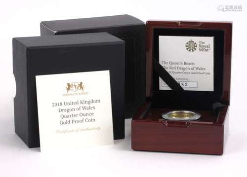 The Queen's Beasts: The Dragon of Wales, a cased 2018 quarter-ounce gold proof coin, 383/1,