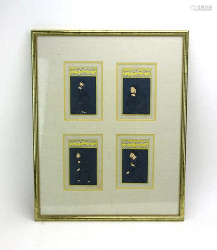 A set of four Persian gouache portraits, each with a calligraphy inscription and framed as one,