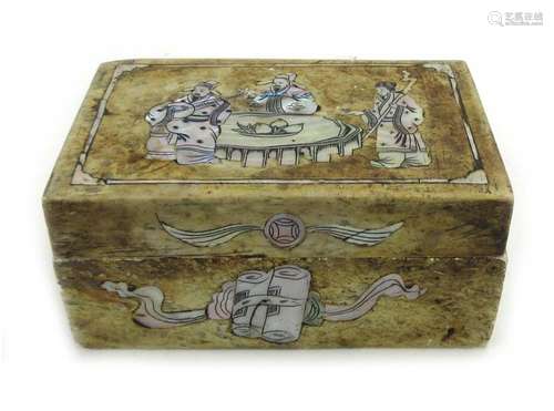 A Japanese soapstone and mother of pearl inlaid box and cover of rectangular form,