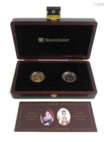 A cased 'Golden Jubilee Sovereign Set' including an 1887 Jubilee Head sovereign and a 2002