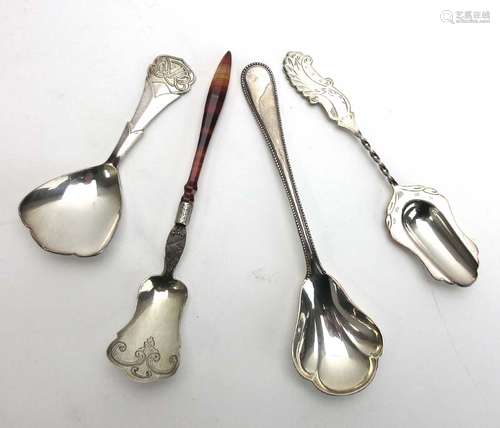 Three Continental metalware caddy spoons including an example with a banded agate handle, l.