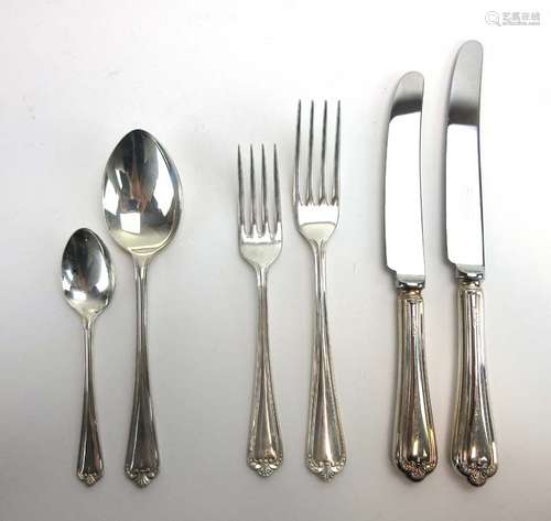 A group of silver flatware comprising: 6 x table forks, 6 x dessert forks, 6 x table knives,