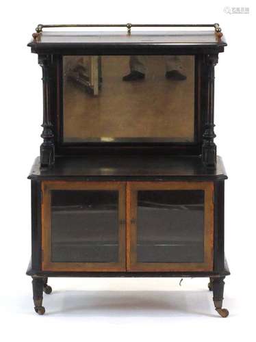 A Victorian ebonised, walnut crossbanded and marquetry music cabinet with a gilt metal gallery,