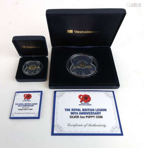 Two Royal British Legion 90th Anniversary commemorative silver coins modelled as poppies including