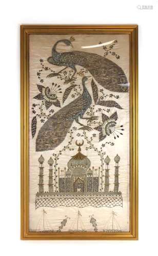 An early 20th century Indian stumpwork and embroidered panel depicting the Taj Mahal,