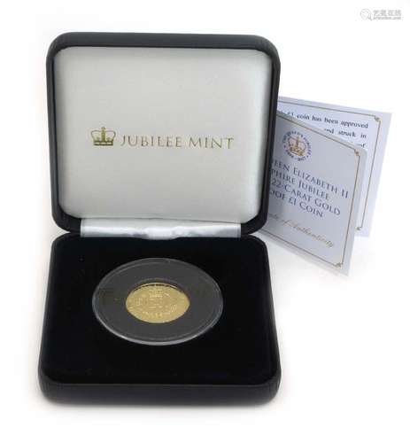 A cased Queen Elizabeth II Sapphire Jubilee 22ct gold proof £1 coin CONDITION REPORT: