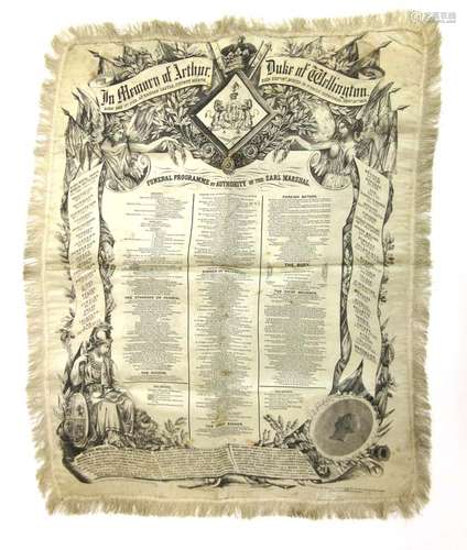 A silk hankerchief transfer printed in memory of Arthur, Duke of Wellington,