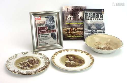 A collection relating to Bruce Bairnsfather including two Grimwades plates, a similar bowl,