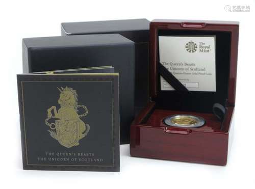 The Queen's Beasts: The Unicorn of Scotland, a cased 2018 quarter-ounce gold proof coin, 712/1,