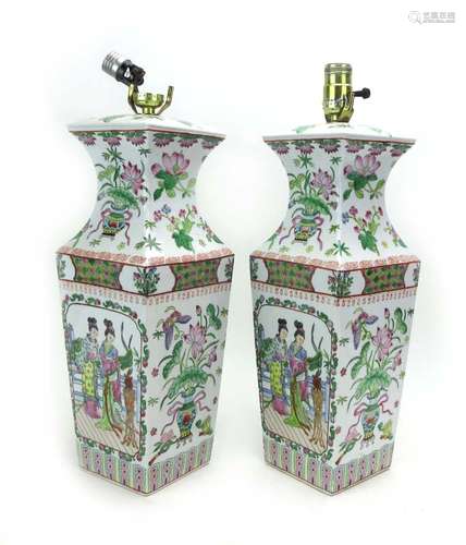 A pair of Cantonese table lamp bases of shouldered canted form,