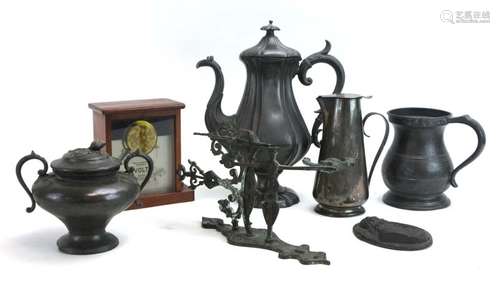 A group of collectables including a James Yates pewter tankard, a Parkin pewter bowl and cover,