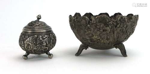 A metalware bowl relief decorated with iris in the Japanese manner, d.