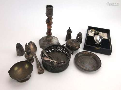 A mixed parcel of silver comprising a dwarf candlestick, a Kings pattern dessert spoon,