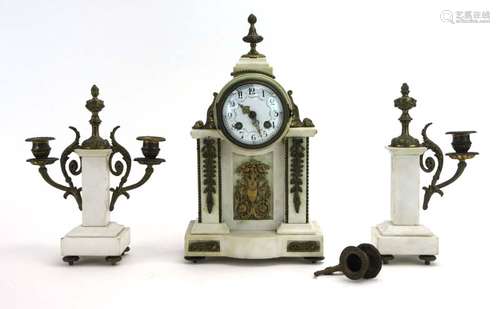 A late 19th century clock and garniture, the marble body with gilt brass mounts,