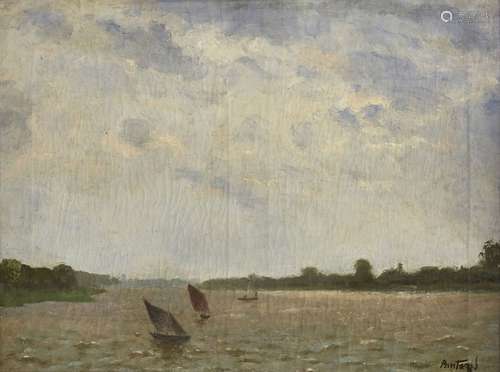 Pericles Pantazis, Greek, 1849-1884- 'Barques sur l'Escaut' (Boats on the Scheldt River); oil on